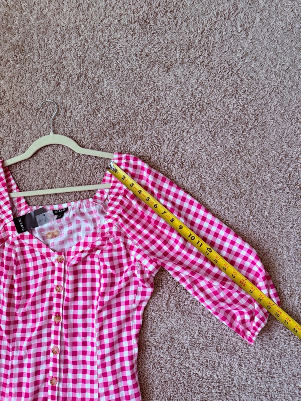 Torrid Fit Flare Button Up 3/4 Sleeve Gingham Pink Top 1X 14/16 NWT - Picture 6 of 15